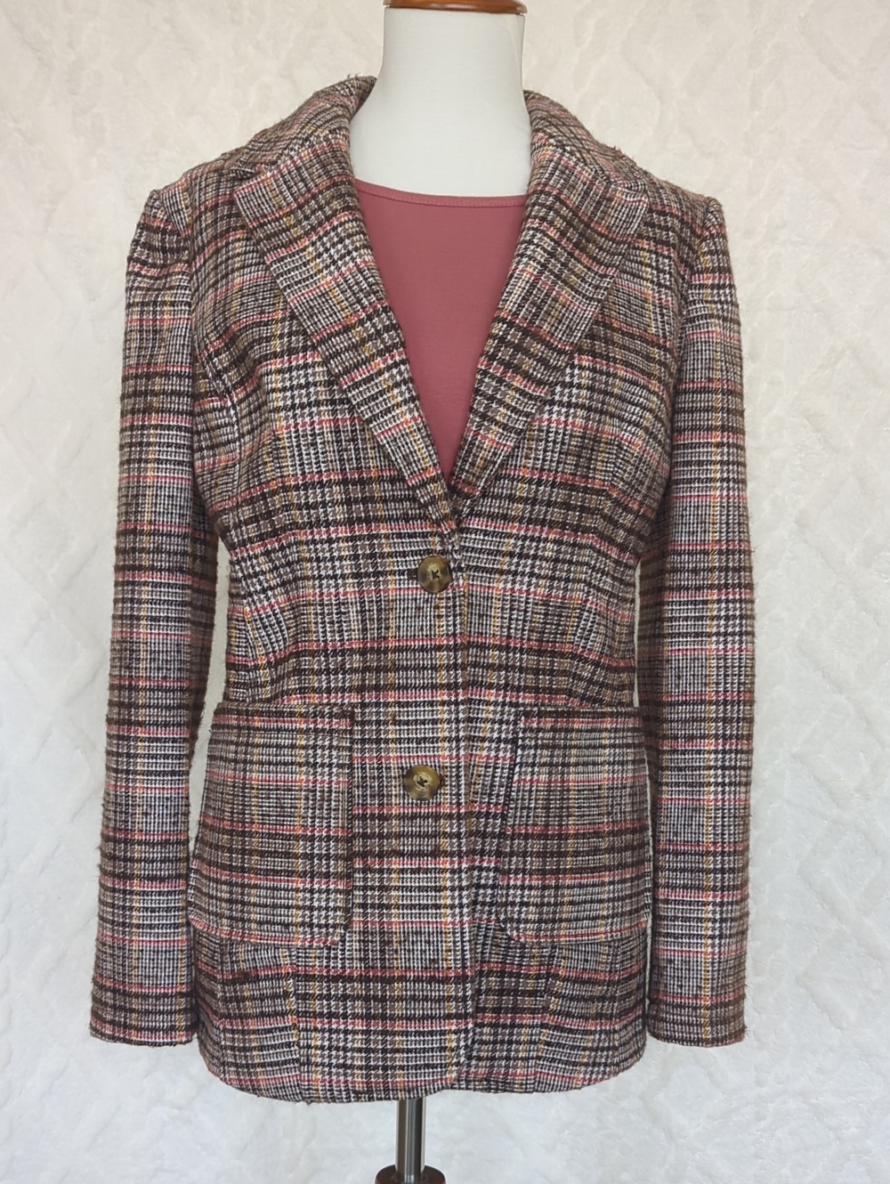St. John's Bay Pink and Brown Plaid Notch-Lapel Blazer